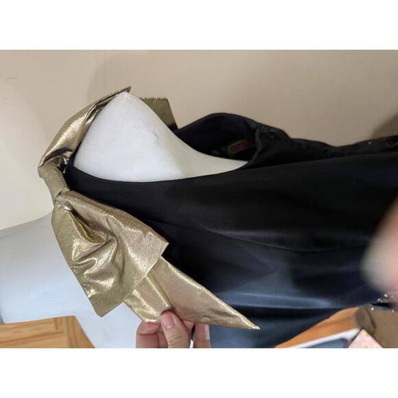 80s Trousers Up Vintage Elegant Black Dress  Gold Metallic Bow Shoulder Detail - Picture 3 of 11